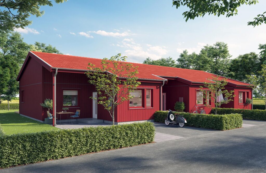 3D-bild som visar ett rött enplanshus från Eksjöhus Modulbygg. 