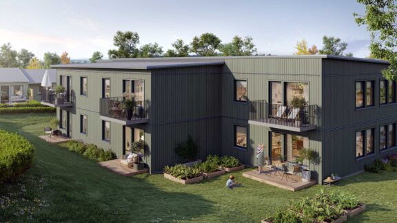 3D-bild som visar flerfamiljshuset i Nannylundsområdet i centrala Eksjö.